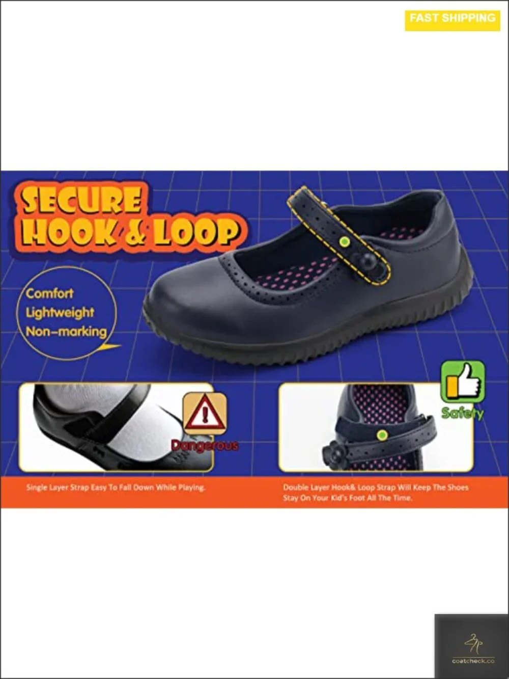 Girls Mary Jane School Uniform Shoes - Lightweight Hook & Loop, Non-Marking